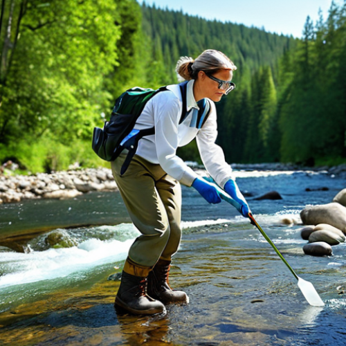Home 15 **
A professional female environmental scientist, fully clothed in appropriate field attire (khaki pants, hiking boots, button-down shirt), collecting a water sample from a clear, flowing river. The background features a lush green forest and a bright blue sky. She is wearing safety glasses and gloves. Perfect anatomy, correct proportions, natural pose. Safe for work, appropriate content, professional, family-friendly. High resolution, detailed textures, realistic lighting.
**