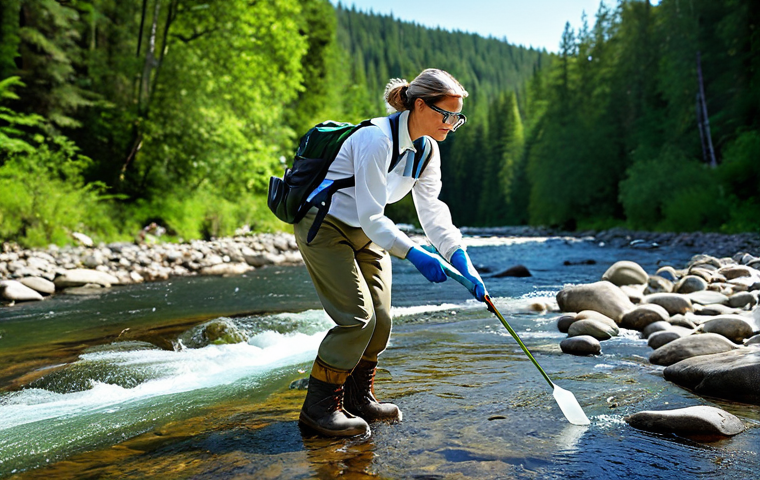 **

A professional female environmental scientist, fully clothed in appropriate field attire (khaki pants, hiking boots, button-down shirt), collecting a water sample from a clear, flowing river. The background features a lush green forest and a bright blue sky. She is wearing safety glasses and gloves. Perfect anatomy, correct proportions, natural pose. Safe for work, appropriate content, professional, family-friendly. High resolution, detailed textures, realistic lighting.

**