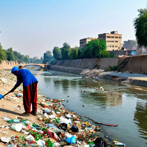 Home 14 **
"A scenic view of a river flowing through a Pakistani city, fully clothed people cleaning up trash along the banks, appropriate attire, safe for work, demonstrating community effort to reduce pollution, perfect anatomy, correct proportions, natural pose, clear sky, professional photography, high quality, modest clothing, family-friendly"
**
