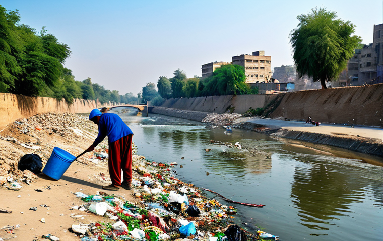 **

"A scenic view of a river flowing through a Pakistani city, fully clothed people cleaning up trash along the banks, appropriate attire, safe for work, demonstrating community effort to reduce pollution, perfect anatomy, correct proportions, natural pose, clear sky, professional photography, high quality, modest clothing, family-friendly"

**