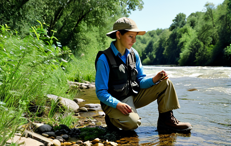 **

"A professional environmental engineer, fully clothed in appropriate attire for fieldwork (khaki pants, hiking boots, vest), examining a water sample near a flowing river. Background shows lush green vegetation and a clear blue sky. Safe for work, appropriate content, perfect anatomy, natural proportions, professional, modest, family-friendly. High quality, realistic."

**
