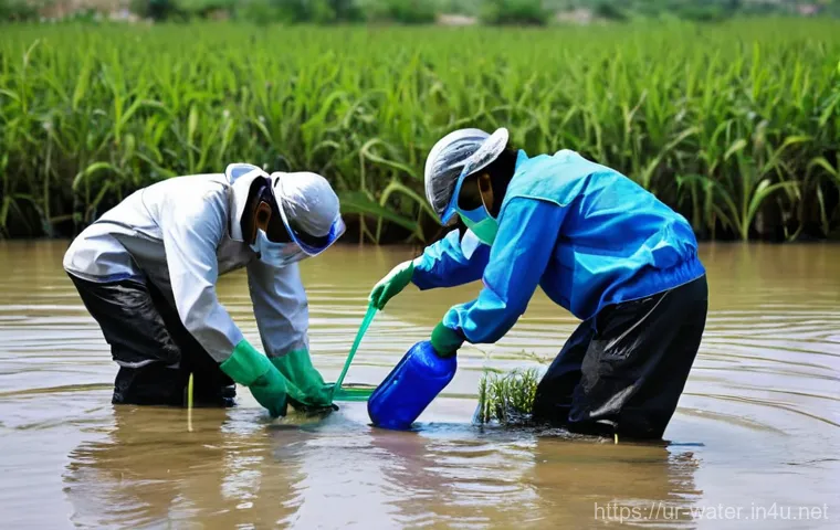 수질환경 분야 실무에서 주의할 점 - **Prompt 1: Personal Safety and Diligent Fieldwork in a Challenging Water Environment**
    "A team ...