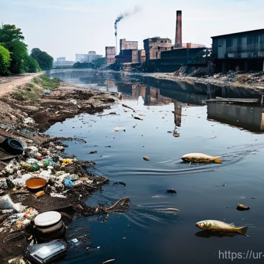 수질환경 방지시설 운영 사례 - **Prompt:** "A distressing scene of a heavily polluted urban river, once a clean stream, now choked ...