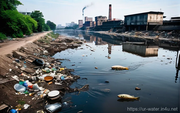 수질환경 방지시설 운영 사례 - **Prompt:** "A distressing scene of a heavily polluted urban river, once a clean stream, now choked ...