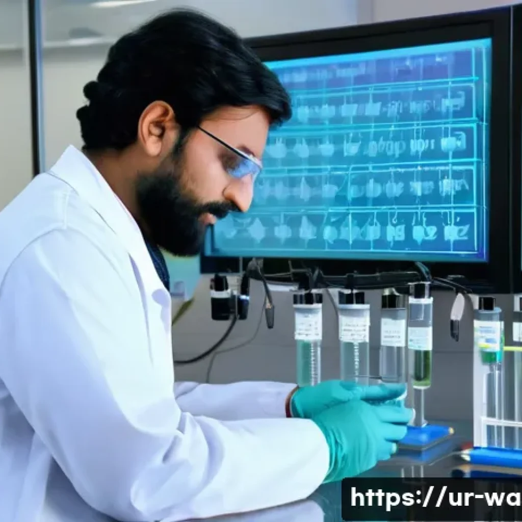 수질환경 전문가 업무 일기 - A detailed scene of a modern water quality laboratory in Pakistan, featuring a male scientist wearin...