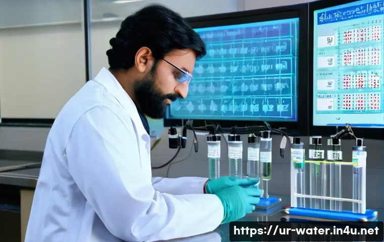 수질환경 전문가 업무 일기 - A detailed scene of a modern water quality laboratory in Pakistan, featuring a male scientist wearin...
