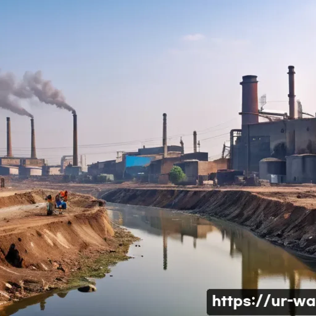 수질환경 업무에서 발생하는 문제 해결법 - A detailed scene of a South Asian industrial area near a river in Pakistan, showing factories with v...
