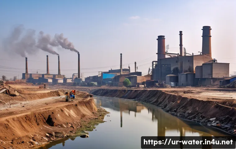 수질환경 업무에서 발생하는 문제 해결법 - A detailed scene of a South Asian industrial area near a river in Pakistan, showing factories with v...