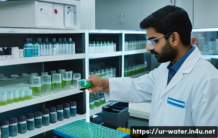 수질환경 실무에서 필요한 기술 - A detailed laboratory scene focused on advanced microbial water analysis for an Urdu-speaking region...