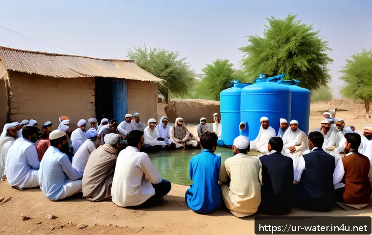 수질환경 법규 최신 업데이트 - A vibrant community meeting in a rural Pakistani village focused on water quality improvement, featu...