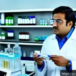 Home 19 수질환경기사 공부 일정 관리 - A detailed laboratory scene showing a South Asian male water quality expert wearing a white lab coat...