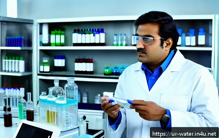수질환경기사 공부 일정 관리 - A detailed laboratory scene showing a South Asian male water quality expert wearing a white lab coat...