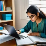 Home 18 수질환경기사 합격을 위한 공부 습관 - A detailed study environment scene showing a young South Asian adult woman sitting at a neat desk in...