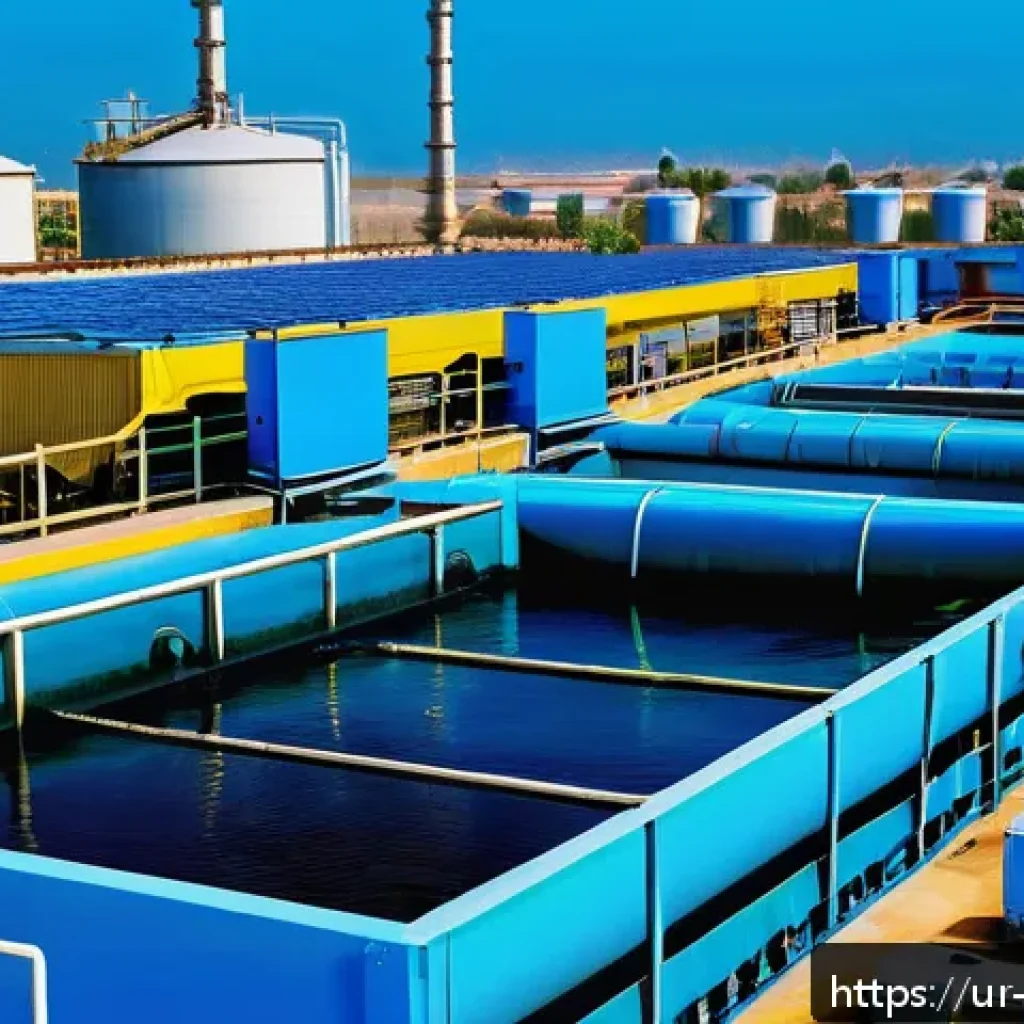 수질환경 산업기사 필기 시험 - A detailed industrial wastewater treatment plant scene in Pakistan, showcasing modern filtration tec...