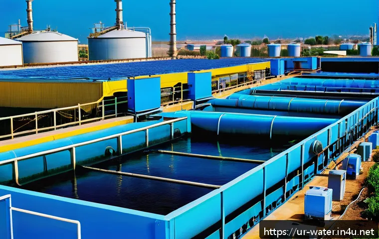 수질환경 산업기사 필기 시험 - A detailed industrial wastewater treatment plant scene in Pakistan, showcasing modern filtration tec...